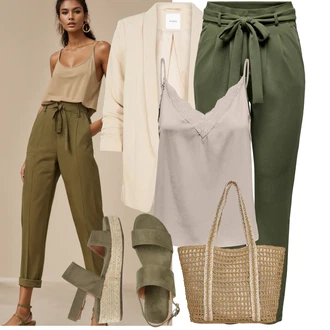 Outfit s Tmavě zelená/Béžová/Khaki Letní Bota/Espadrille sandál/Espadrilka na Podpatku/Espadrilka s klínovým podpatkem About You "Lehký outfit"