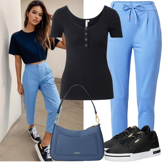 Outfit s Světle modrá/Modrá Žerzejová Kalhoty/Jogger Kalhoty/Sportovní kalhoty/Navlékací Kalhoty/Kalhoty s Vysokým Pasem/Mrkvová Kalhoty/Teplák/Mušelínové kalhoty/Ležérní Kalhoty/Plážová Kalhoty/Dlouhá Kalhoty Only "Stylové kombinace pro volný čas"