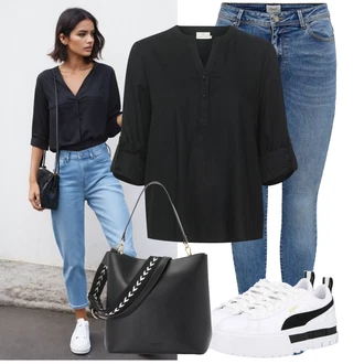 Dlouhé Outfit s Tmavě šedá/Černá Halenkový Top/Halenka se Stojatým Límcem/Kožená bunda pro muže/Tunikové Tričko/Blůza s knoflíčkem/Klasická tunika/Halenka S 3/4 Rukávem Kaffe "Lehký outfit"