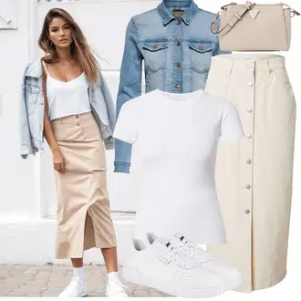A-kroj Outfit sa Bež/Bijela/Kaki Suknja/Kratke hlače velike veličine/Hlača Velika Veličina/Haljina Veći Broj B.young "Lijepi ljetni look"Look: Stil, Rap, A-kroj, Boja, Old Money, Pomorski, Ured, Sveučilišna