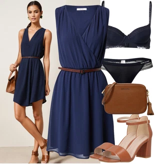 Ke kolenům Outfit s Tmavě modrá Šifonové Šaty/Ležérní Šaty/Šaty s Páskem/Letní Šaty/Šaty Bez Rukávů About You "Vkusný letní outfit"