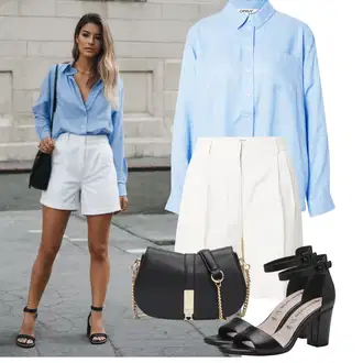 Old Money Outfit s Khaki/Krémová/Bílá/Béžová Košile Šortky/Pytlovitý Šortky/Chino Kraťasy/Mušelínové Šortky/Lněný kraťas/Bermuda Minimum "Letní vzhled pro módní ženy"Look: Kancelář, Old Money, Univerzitní