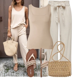 Djeveruša Outfit sa Bež/Smeđa/Kaki Lanene Hlače/Tradicionalna Hlača/Pidžama Hlača/Paperbag Hlača/Hlače od muslina/Hlača za Plažu JdY "Lijepi ljetni look"
