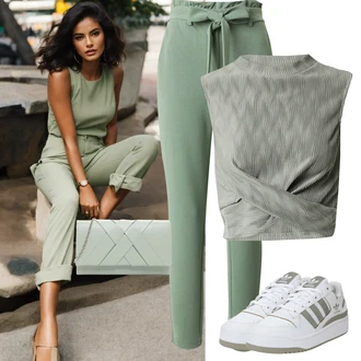 Outfit s Světle Zelená/Zelená/Tmavě Zelená Paperbag Kalhoty/Mušelínové Kalhoty/Kalhoty s Vysokým Pasem/Kalhoty se Štěrbinou VERO MODA "Módní letní vzhled"