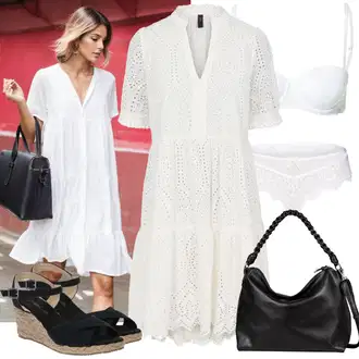 Mom Pričest Outfit sa Krem/Bijela Haljina Veći Broj/Tunika yas "Moderni ljetni outfit"Look: Etno, Boho, Mom, Rap, Preodjeven, Hippie, Brvnare, dan na plaži, Majčin dan, Pričest, Koncer, Krštenje