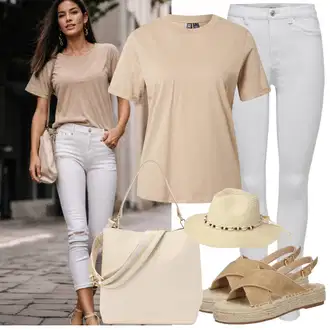Western Outfit s Béžová/Bílá/Krémová/Žlutá Klobouk/Pokrývka hlavy About You "Hezký letní vzhled"Look: Boho, Kovbojka, Italský, Venkovní, Safari, Španělské, Western, Retro, 80tá léta