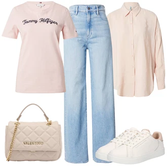 Outfit s Krémová/Růžová/Béžová/Bílá Teniska Letní Tenisky/Nízká Teniska/Úzká Teniska/Tenisky s Bočním Zipem/Kožené Tenisky Tommy Hilfiger "Módní letní vzhled"