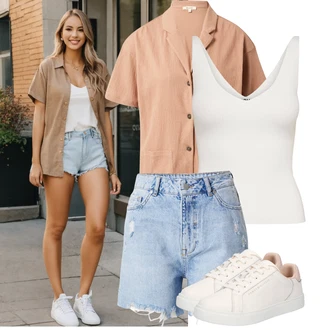 Čtvrtinový rukáv Outfit s Hnědá/Béžová Halenka s Krátkým Rukávem/Blůza s knoflíčkem/Manšestrová Halenka/Halenka se Stojatým Límcem/Tunikové Tričko/Lněná Halenka Madewell "Letní vzhled pro módní ženy"