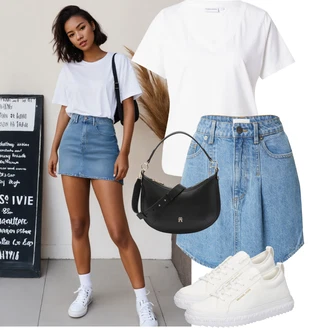 Outfity pro léto s Světle modrá/Modrá/Lilové barvy Džínová vintage sukně/90tá Léta Sukně/Džínová Sukně Leger by Lena Gercke "Letní vzhled pro módní ženy"