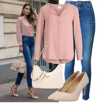 so sponou Outfit s Růžová Blůza s knoflíčkem/Slip-on Halenka/Halenkový Top/Kožená bunda/Halenka se Stojatým Límcem/Halenkové Body/Hedvábná Halenka/Halenka s Dlouhým Rukávem/Tunikové Tričko/Jednobarevná Halenka/Dlouhá Halenka Vila "Lehký Outfit"
