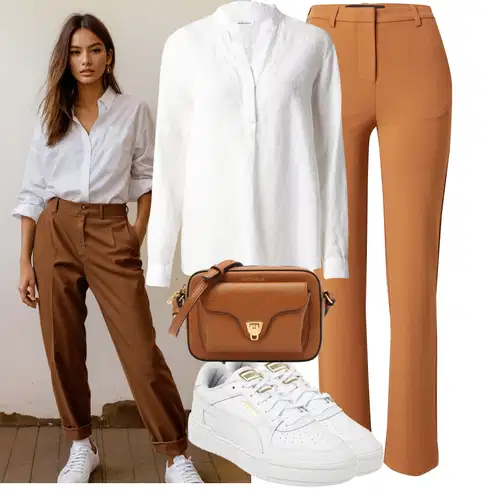 Kombinace Hnědá/Béžová/Oranžová Obleková Kalhoty/Zimní Kalhoty/Kalhoty s Vysokým Pasem/Kalhoty Bootcut/Kalhoty se Štěrbinou VERO MODA