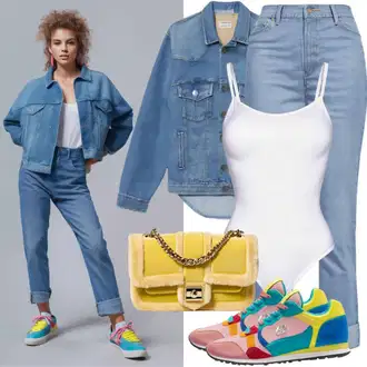 Denim outfits Široke hlačnice mit Zelena/Modra/Krem/Rjava/Svetlo modra/Temno modra/Pastelne barve/Bela Kratka Denim Jakna/Denim Jakna levi's "Najboljši videz iz 90. let"