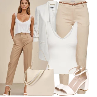 Kombinacije za posao Chic s kopčom Koža sa Smeđa/Crvena/Bijela/Krem Sandalice s blok petom/Sandala s petom About You "Praktičan look"Look: Chic, Šik, Old Money, Burleska, cool, Elegantan