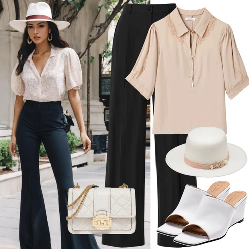 Kombinace Černá Široká Kalhoty/Žerzejová Kalhoty/Palazzo Kalhoty/Marlene Kalhoty/Tradiční Kalhoty/Rozšířená Kalhoty/Slinky Kalhoty/Mušelínové kalhoty WE Fashion kombinovat s Béžová/Bílá/Khaki Halenka Halenkové Body/Blůza s knoflíčkem/Businessová Halenka/Carmen Blůza/Elegantní Halenka/Neobvyklá Halenka/Saténová Halenka/Hedvábná Halenka/Vintage Halenka Only