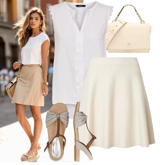 Elegantní Outfit s Bílá/Šedá/Hnědá Halenka Móda Pro Plnoštíhlou/Halenka a Tunika Tunika Only "Vkusný letní outfit"Look: Styl, Lehký, Rad, Emo, 20 léta, Elegantní, Kancelář, Old Money, Příliš oblečený, S průsvitem