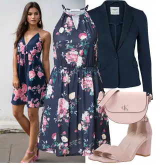 Veći brojevi Svatovski gost Outfit sa Plava/Tamnoplava/Crvena/Pink Haljina Veći Broj About You "Lijepi ljetni look"
