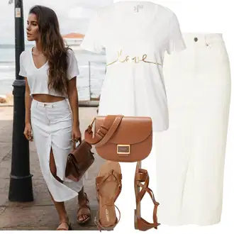 Nev?sta Outfit s Krémová/Khaki/Bílá 90tá Léta Sukn?/D?ínová vintage Sukn?/Dlouhá Sukn?/D?ínová Sukn?/Moderní Sukn?/Sukn? do Délky Lýtka/Midi Sukn?/Vázací Sukn?/Tu?ková Sukn? VERO MODA "Hezký letní vzhled"