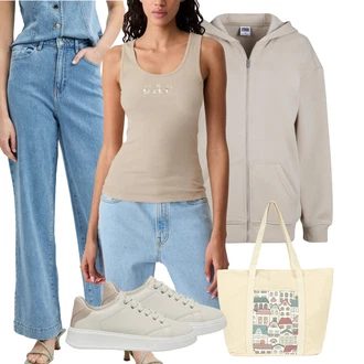 Kulotke outfit mit Modra/Svetlo modra Široke Kavbojke/Culotte Kavbojke/Baggy Kavbojke/Formalna Srajca/Široke Kavbojke/Vintage Kavbojke AWARE by Vero Moda "Outfit za Sprehod"
