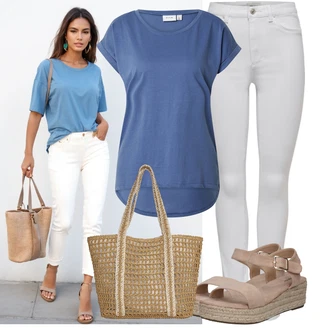 Outfit s Hnědá/Béžová Sandál Dianette/Římská sandála/Sandál S T Páskem/Rybářská sandála/Sandál se suchým zipem About You "Módní letní vzhled"