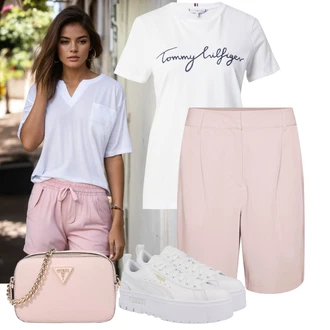 Nadrozměrné Outfit s Růžová/Hnědá/Fialová/Béžová Košile Vysoký pas Kraťasy/Bermuda/Chino Kraťasy/Pytlovitý Šortky/Šortky/Mušelínové Šortky VERO MODA "Lehký outfit"Look: Kancelář, Old Money, Nadrozměrné, Chytrý příležitostný