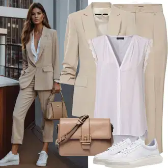 Outfit sa Bež/Smeđa/Kaki Hlača od Odijela/Hlače s Prorezom/Hlače Visokog Struka/Chino Hlače/Poslovna Hlača/Slip-on Hlača/Hlače od muslina/Naborane hlače/Carrot Hlače/Ravna Hlača LOLALIZA "Pastelni sportski hlače odijelo stil"