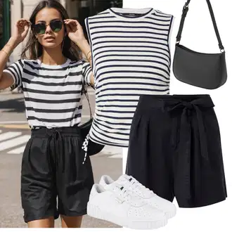 Old Money Outfit s Černá/Tmavě modrá/Modrá Košile Lněný kraťas/Papírové Šortky/Bermuda/Šortky/Pytlovitý Šortky/Mušelínové Šortky VERO MODA "Vkusný letní outfit"Look: Lehký, Emo, Rad, Cool, Krásný, Old Money, Traditional