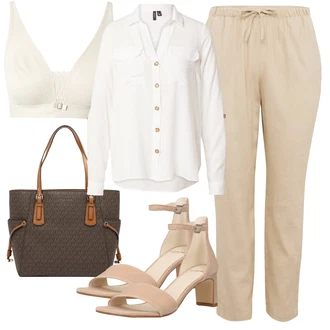Ovratnik s pritrdilnimi gumbi outfit mit Bela/Temno modra/Krem/Khaki Bluza in Tunika/Bluza velika velikost VERO MODA "Poletni outfit"