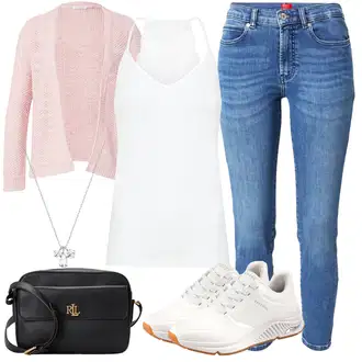 outfit mit Modra/Svetlo modra Kavbojke Visokega Pasu/Kavbojke z Razporkom/Ženske 7/8 Kavbojke/Gležnarji/Odrezane Kavbojke/Push up Kavbojke/Usnjena Jakna/Ozke Kavbojke/Kavbojke na Poteg/Usnjene Čevlje/Zimska jakna Hugo "Poletni outfit"