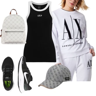 Gimnastika outfit mit Črna/Škrlatna/Temno modra/Rjava/Siva Grafična majica/Top brez rokavov/Športna majica brez rokavov/Majica brez rokavov "Poletni outfit"Look: Odbojka, Gimnastika