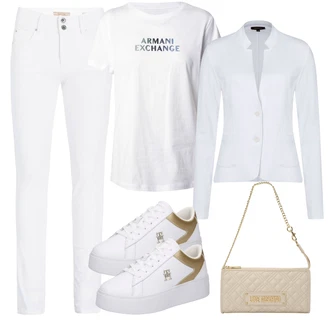 outfit mit Temno modra/Turkizna/Krem/Bela/Zelena Srajca & majica velike velikosti/Bluza velika velikost Armani Exchange, Svetlo modra/Bela/Siva Plašč/Bluza velika velikost More & More "Poletni outfit"