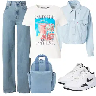 90. leta, Stil outfit mit Svetlo modra/Modra Široke Kavbojke/Baggy Kavbojke/Dad Kavbojka/Kavbojke Visokega Pasu/Culotte Kavbojke/Kavbojke z Razporkom/Široke Kavbojke/Mom Jean/Vintage kavbojke Leger by Lena Gercke "Poletni outfit"Look: Stil, 90. leta, Stari denar