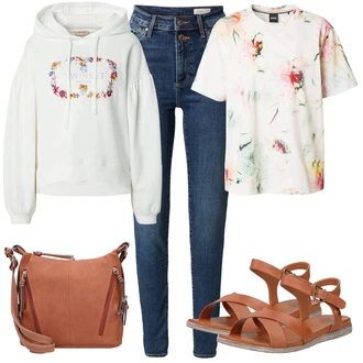 outfit mit Modra Usnjena Jakna/Kavbojke Visokega Pasu/Kavbojke z Razporkom/Ozke Kavbojke/Usnjene Čevlje S.Oliver "Poletni outfit"