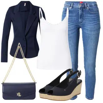 outfit mit Modra/Svetlo modra Kavbojke Visokega Pasu/Kavbojke z Razporkom/Ženske 7/8 Kavbojke/Gležnarji/Odrezane Kavbojke/Push up Kavbojke/Usnjena Jakna/Ozke Kavbojke/Kavbojke na Poteg/Usnjene Čevlje/Zimska jakna Hugo "Poletni outfit"