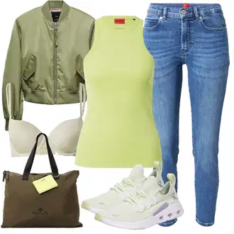 outfit mit Modra/Svetlo modra Kavbojke Visokega Pasu/Kavbojke z Razporkom/Ženske 7/8 Kavbojke/Gležnarji/Odrezane Kavbojke/Push up Kavbojke/Usnjena Jakna/Ozke Kavbojke/Kavbojke na Poteg/Usnjene Čevlje/Zimska jakna Hugo "Poletni outfit"