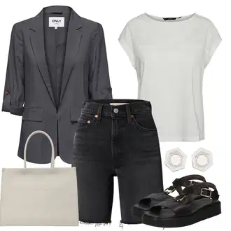 outfit mit Črna/Temno siva/Siva Denim kratke hlače/Bermuda/Kratke hlače z visokim pasom/Kratke hlače Musselin/Kratka Hlača levi's ® "poletni videz"