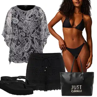 outfit mit Črna/Temno modra Kopalka Usnjene jakne za moške/Bustje bikini zgornji del/Bikini z vratnim ovratnikom/Usnjeni moški pasovi/Push-up Kopalke/Trikotni bikini HUNKEMÖLLER "poletni videz"