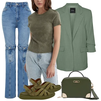 outfit mit Zelena/Temno zelena Klasična Dolžina/Lepa Majica/Kratka majica/Casual Majica/Pleteni vrh/Majica s kratkimi rokavi DeFacto "poletni videz"