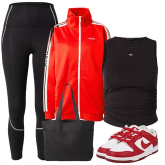 outfit mit Črna/Škrlatna Hlača za Obleko/Podložena Pajkica/Moderni hlačni kostim/Športno eleganten hlačni kostim/Kolesarska Hlača/Termo Hlača/Pajkice z Visokim Pasom/Športne hlače/Funkcionalne Hlače/Gym Pajkice/Športna Pajkica/Usnjena Jakna/Hlača za Tek The North Face "poletni videz"