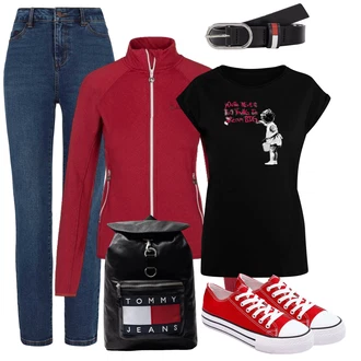 outfit mit Temno rdeča/Roza/Rdeča Pletena Jakna iz Flisa/Bluzon/Termo jakna/Merino jakna kilpi "poletni videz"