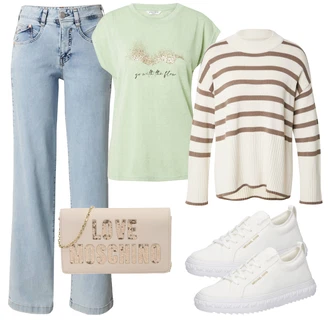 outfit mit Bež/Rjava/Bela Črtasti Pulover/Prevelik Pulover/Pulover Nicki/Pulover iz Kašmirja/Pulover Carmen/Preprost Pulover Only "Pomladanski Outfit"