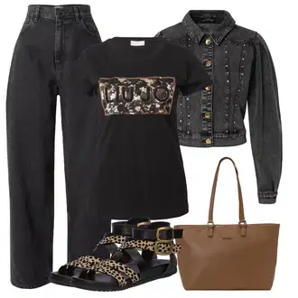 Kamuflaža outfit mit Črna/Rjava/Bež Tiskana majica/Majica s potiskom/Grafična majica/Lepa Majica/Majica s kratkimi rokavi Liu Jo "Pomladanski Outfit"