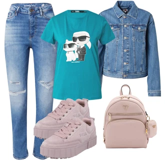 outfit mit Roza Superga Superge Nizka/Teddy Superga/Plato-Sneaker Fila "Pomladanski Outfit"