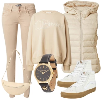 outfit mit Bež/Khaki/Bela/Zlati Torba za boke/Baguette torba/Torba za čez ramo/Torbica za okrog pasu/Torbica za okrog pasu/Torbica za okrog pasu Rosemunde "Pomladanski Outfit"