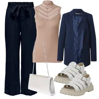 outfit mit Temno modra Marlene Hlača/Tradicionalna Hlača/Lanene Hlače/Hlače iz muslina/Culotte Hlačke/Široka Hlača/Palazzo Hlača/Paperbag Hlača JdY "Pomladanski Outfit"