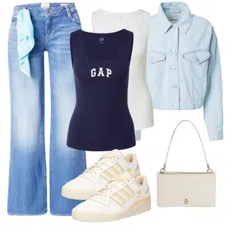 90. leta, Stil outfit mit Svetlo modra/Modra Široke Kavbojke/Moška majica/Šiškata Kavbojka/Kavbojke z Razporkom/Usnjena Moška Jakna/Patchwork Kavbojke/Moška Usnjena Jakna Guess "Pomladanski Outfit"Look: Stil, 90. leta, Kul, Cowgirl, Hippie, Lepo, Western, Divji zahod, Stari denar, 70. leta