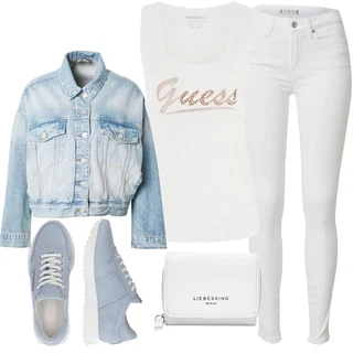 outfit mit Roza/Zlati/Bež/Srebrna/Bela Srajca & majica velike velikosti/Bluza velika velikost Guess "Pomladanski Outfit"