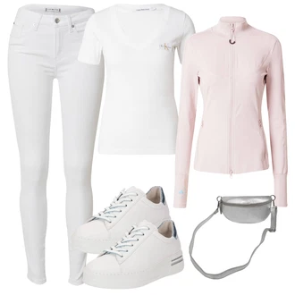 outfit mit Bela/Srebrna/Svetlo modra/Krem Superga Usnjene superge/Ozka Superga/Plato-Sneaker/Superge Nizka/Superge Luknjasta Gabor "Pomladanski Outfit"