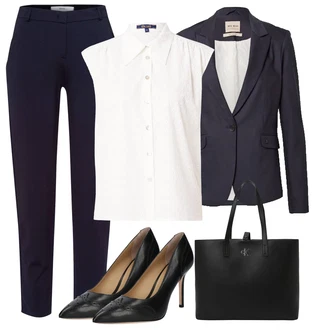 outfit mit Temno modra Hlače iz muslina/Slip-on Hlača/Poslovna Hlača/Poslovni hlačni kostim/Eleganten hlačni kostim/Svečani Hlačni Kostum/Ravna Hlača/Slim Hlača/Obleka Hlača/Moderni hlačni kostim/Športno eleganten hlačni kostim Brax "Poslovna oblačila"