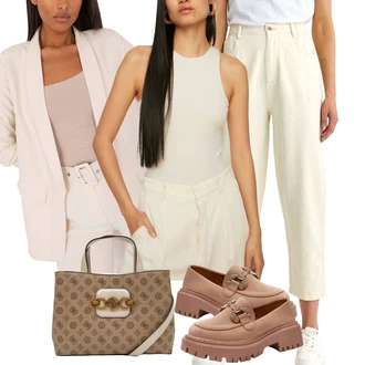 outfit mit Bež/Bela/Rjava Moški čevlji/Grafična majica/Majica brez rokavov/Kratka majica/Pleteni vrh/Kratki top/Odrezana majica brez rokavov/Klasična Dolžina Trendyol "Poslovna oblačila"