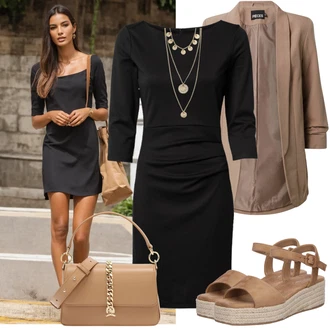 Old Money Outfit sa Crna Haljina Veći Broj/Tunika Kaffe "Dopadljivi ljetni outfit"Look: Preodjeven, Lagano, Poslovni, Old Money, Rap, Ured, Burleska, Elegantan